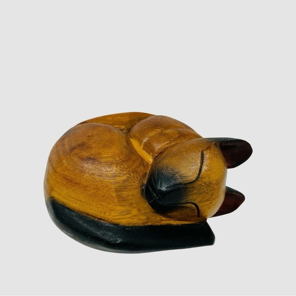 Vintage Other - Handcrafted Wooden Sleeping Cat Sculpture Doorstop Siamese Brown Black Heavy